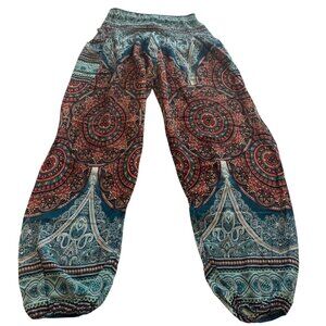 Boho Harem Pants With Elastic Waist & Cuffs Multicolor Mandala Pattern Lightweig